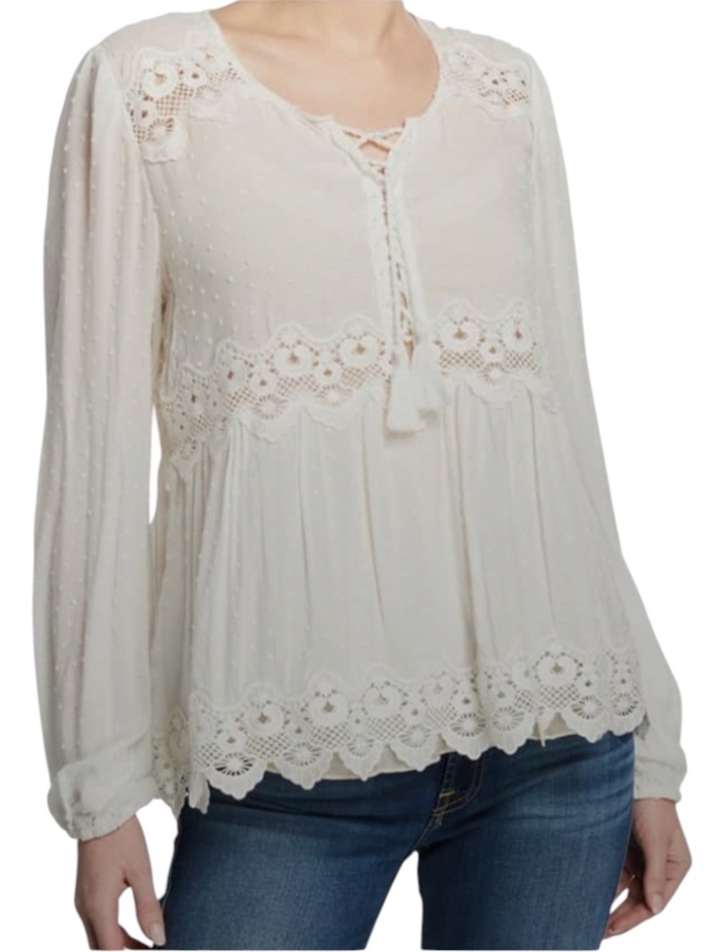 Johnny Was Jade Mikala Raised Dot Lace-Up Front Long-Sleeve Boho Blouse Medium